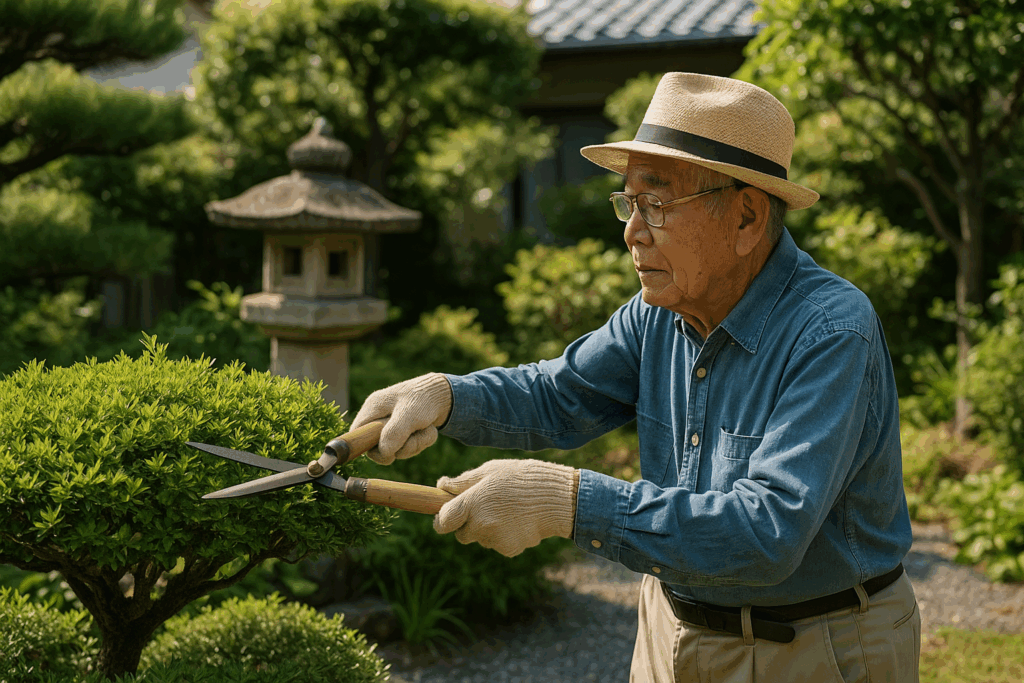 庭の手入れをするシニア