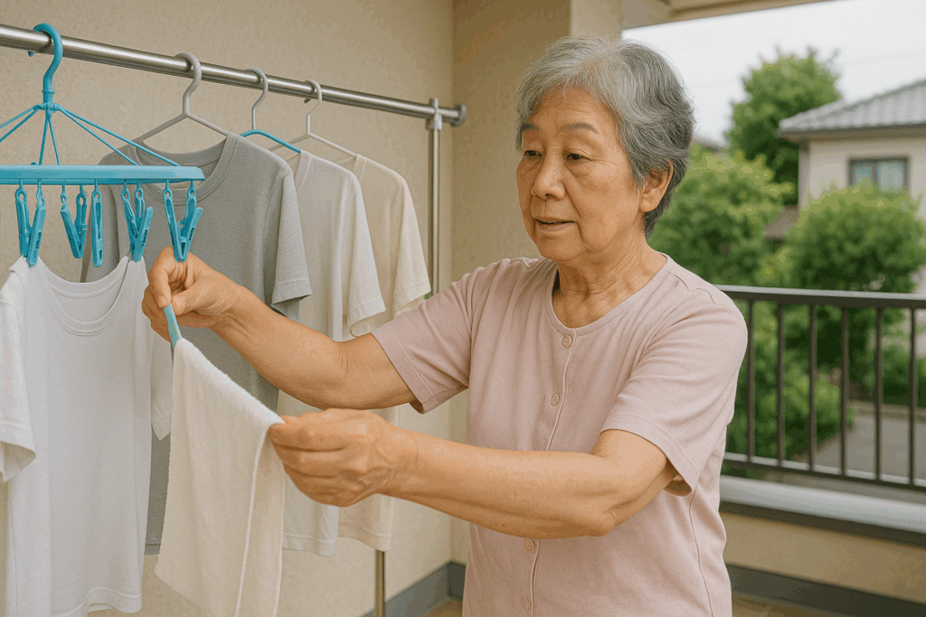 洗濯物を干すシニア