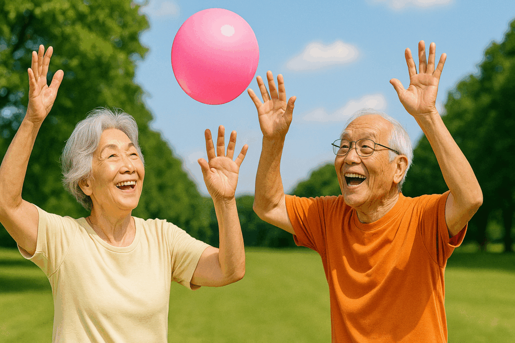 風船バレーをするシニア2人組