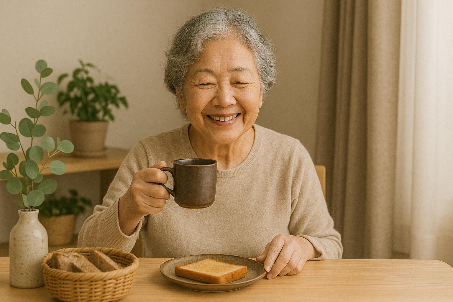 お茶を飲む高齢者