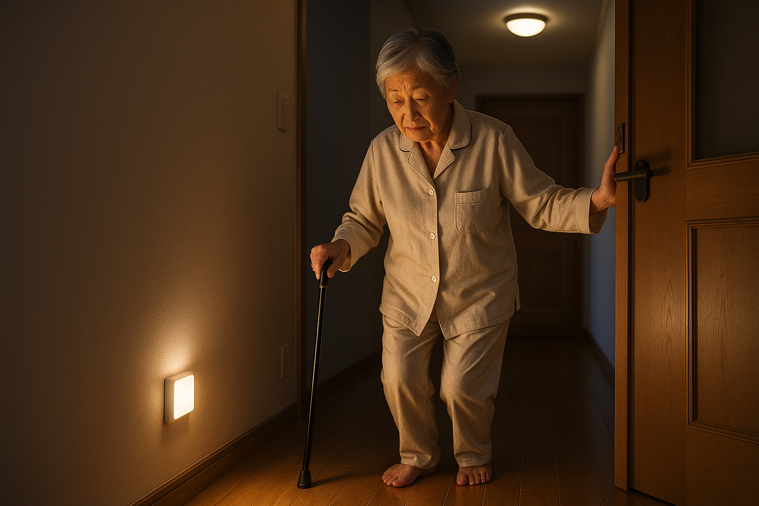 足元を照らす高齢者