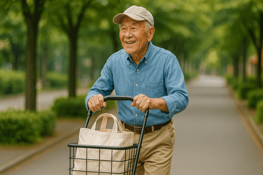 買物袋を押し車に乗せる高齢者