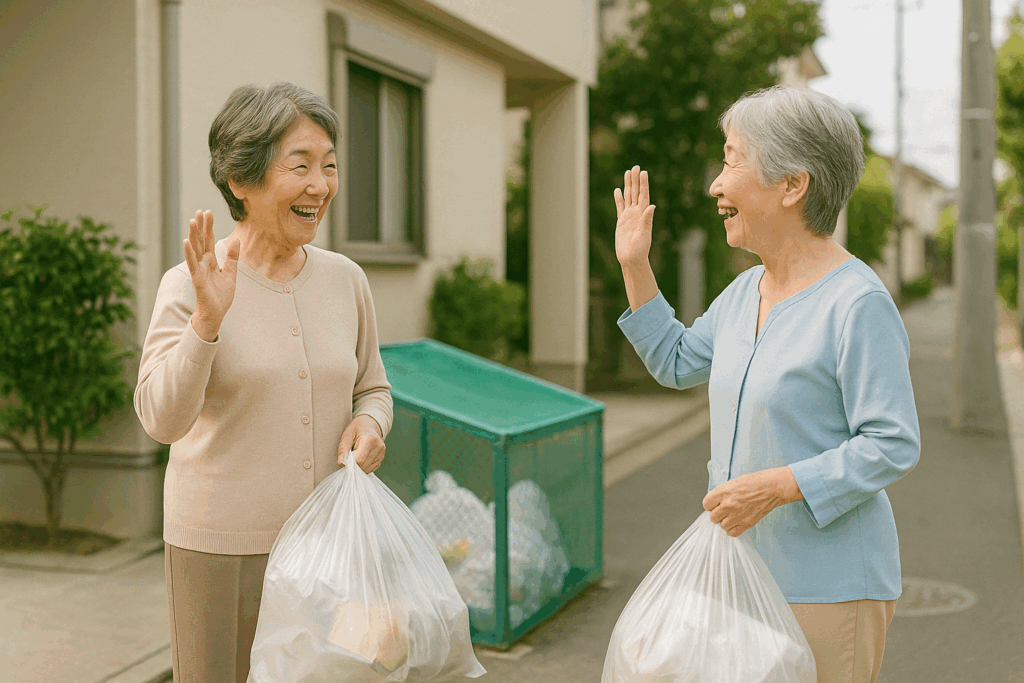 ゴミ捨て場で友人に会うシニア