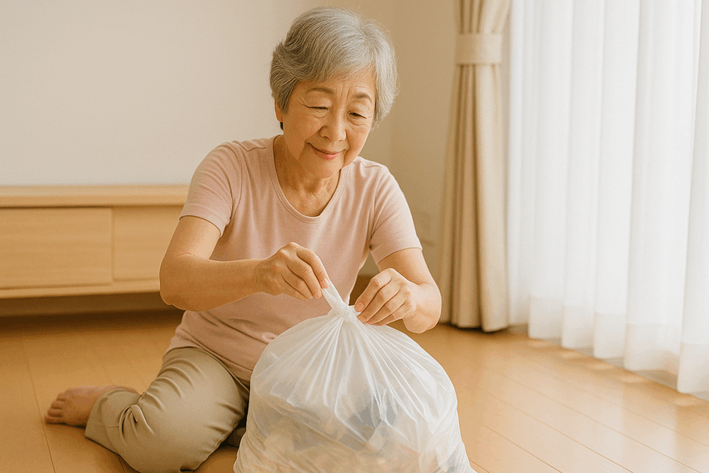 ゴミ袋を結ぶシニア
