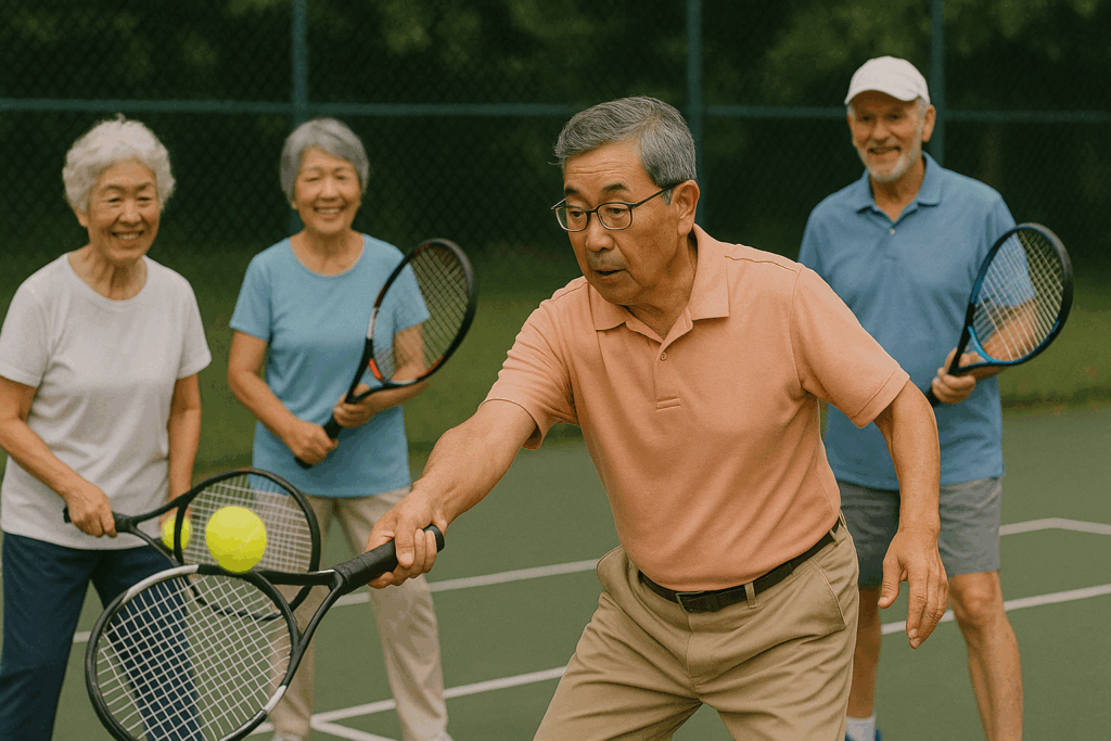 テニスをするシニア