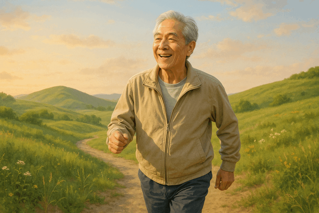 トレッキングするシニア