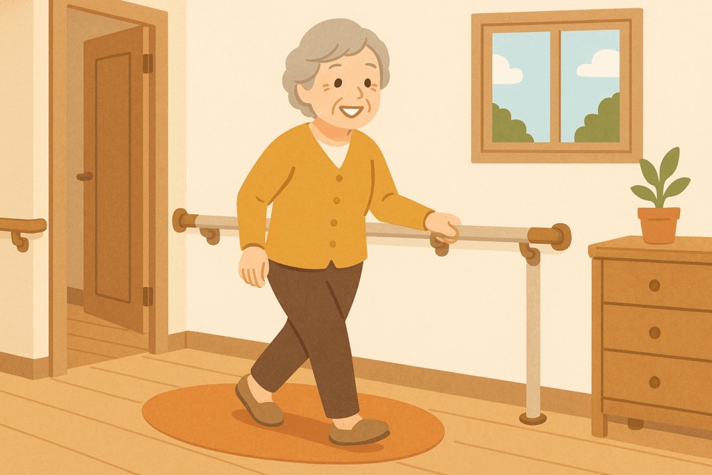 手すりを使って歩く女性