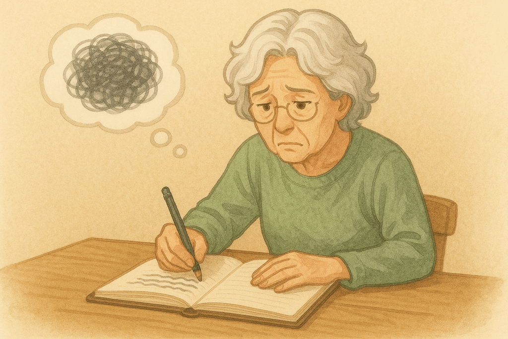 考え込みながら書く女性-