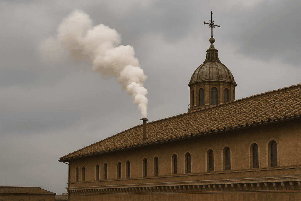 白い煙が昇る教会