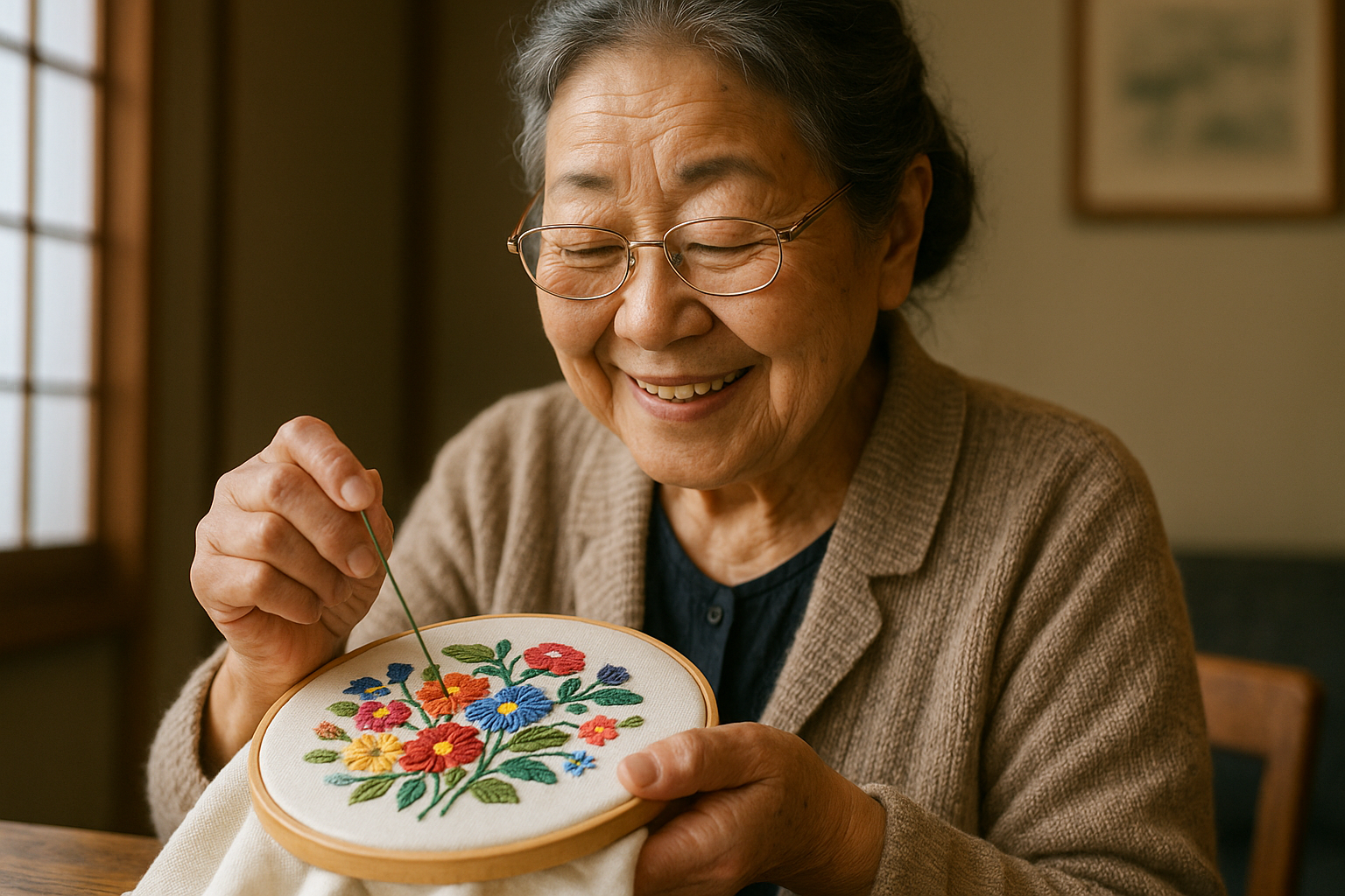刺繍をするシニア