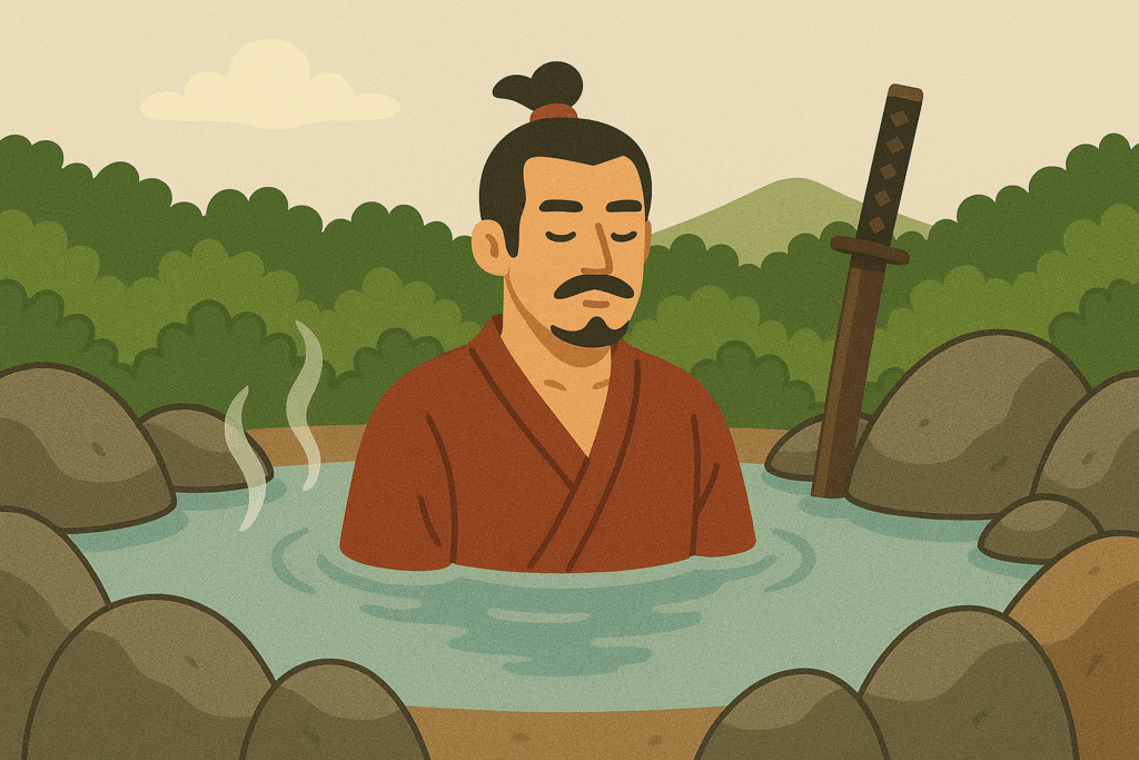 温泉に入る武士