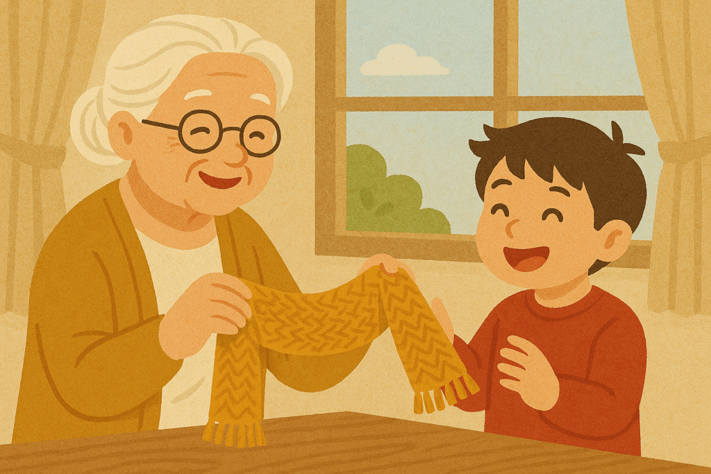 編み物をプレゼントするシニア